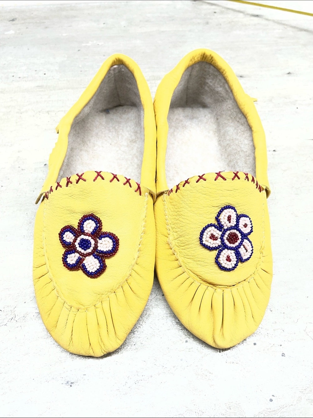 Yellow Beaded Flower Moccasin Slippers for Women